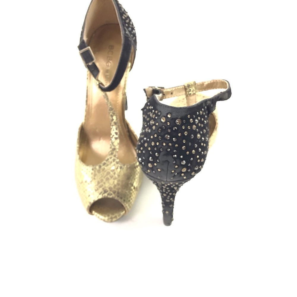 BCBG Gold Peep Toe Jeweled Stiletto Heels 6 36 - Picture 4 of 8